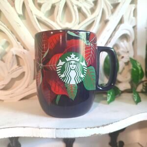 Starbucks NWOT 2020 Navy Blue Poinsettia Print 12 Oz Mug